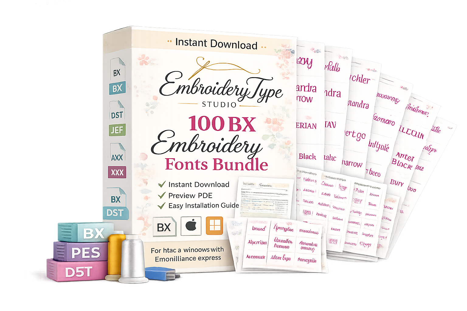 100 BX Embroidery Fonts Bundle — instant download