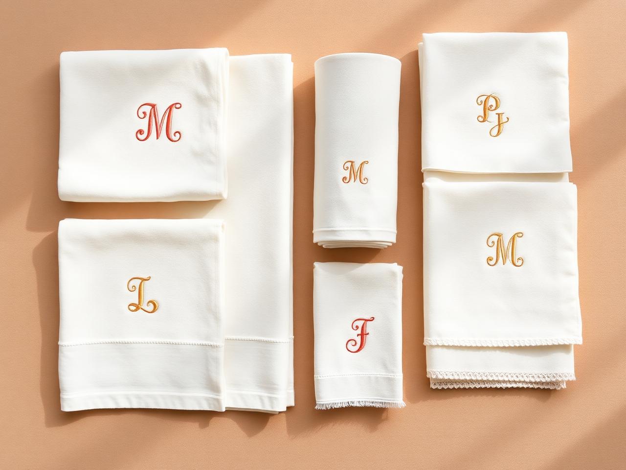 Embroidered monogram samples on linen and cotton
